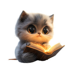 Cat Reading a Fluffy 3D Cartoon Book with Soft Rounded Corners Isolated on Transparent Background