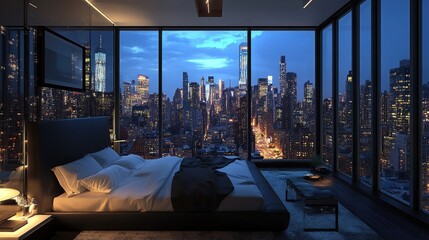 Fototapeta premium Modern Bedroom Overlooking Night City Skyline