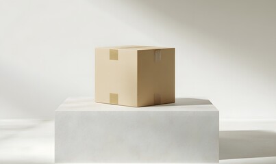 Cardboard box on marble platform, sunlight, minimalist background; e-commerce product display