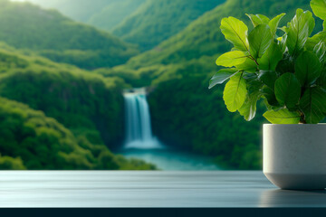 Towering waterfall cascades into a crystal-clear river, framed by dense tropical foliage. Mist rises as the powerful stream carves through rugged cliffs, creating a breathtaking natural spectacle.