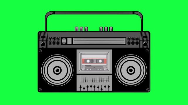 vintage Boombox, audio cassette tape in the tape recorder vector animation on green screen background. looping 4k video