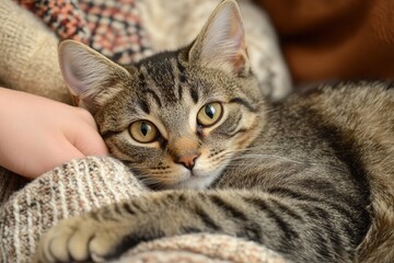 Adorable tabby kitten relishing human affection Woman s hand stroking European shorthair close up Home pet Purring feline