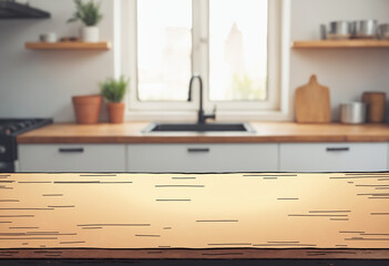 Modern kitchen with blurred background and wooden tabletop on foreground. Interior design template. Mockup with copy space for product presentation, banner.