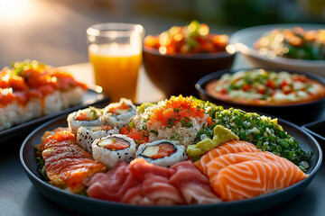 International dining experience with sushi, pizza, and tacos arranged on modern dining table. Vibrant colors and hyperrealistic textures emphasize global food diversity.