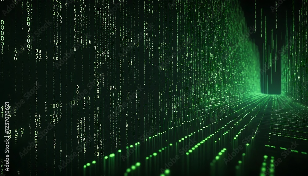 Poster glowing green digital matrix: abstract tunnel of data