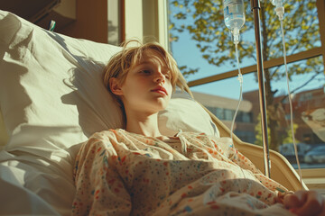 child in hospital gown sitting by window, looking contemplative and serene. sunlight casts warm glow, creating peaceful atmosphere in room