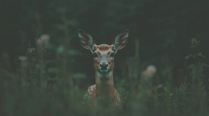 Fawn in forest, looking at camera, calm background, nature scene, wildlife photography