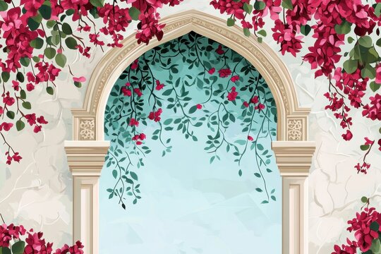 Andalusian arch featuring a bougainvillea illustration with classic arabesque design