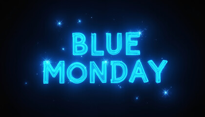 Obraz premium Blue Monday text, glowing neon letters on dark background. Winter depressing feeling concept. Template for poster, banner, card. Copy space