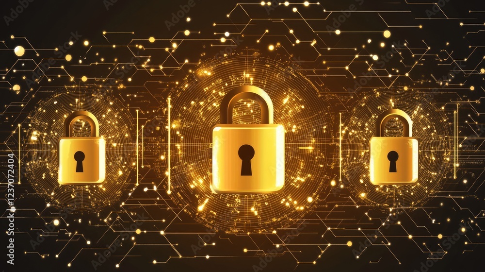 Poster three golden padlocks secure digital network data