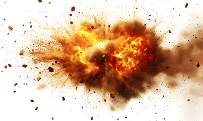 Fiery explosion debris against white background; for disaster, action, or destruction visuals