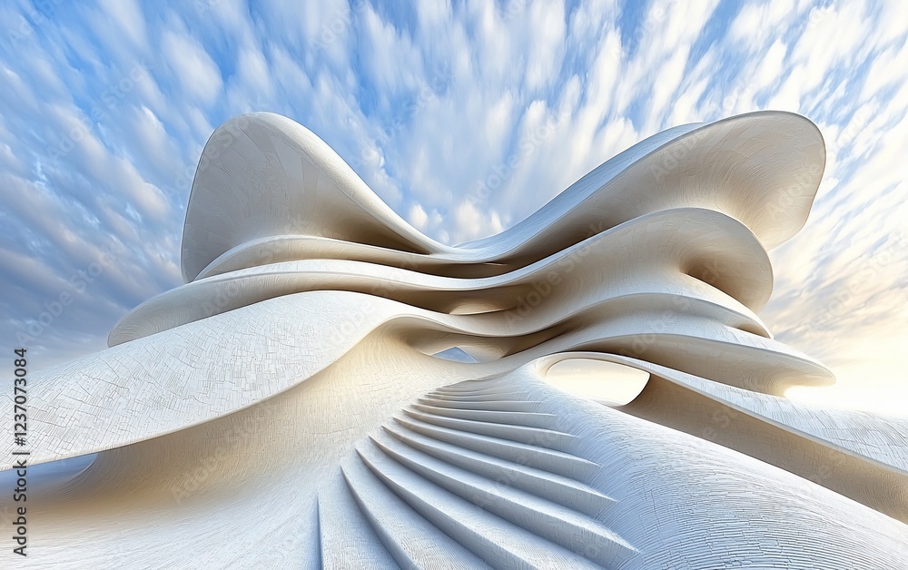 Poster abstract white architectural design with flowing curves and stairs under a cloudy sky.