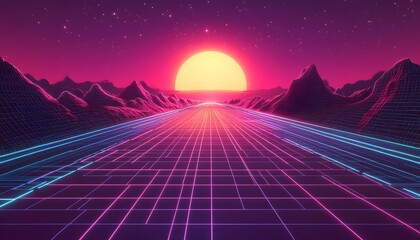 Retro Futuristic Highway Sunset Landscape with Wireframe Mountains