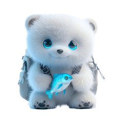 Fluffy 3D Cartoon Backpack with Glowing Zippers Featuring a White Teddy Bear with a Fish Isolated on Transparent Background