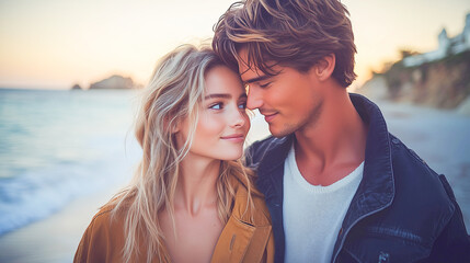 Obraz premium Couple enjoying a romantic moment on the beach during sunset near a coastal town