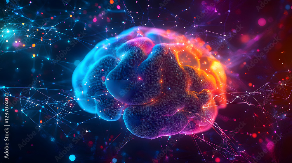 Poster neon abstract brain network with futuristic digital connections for innovative development artificia