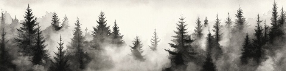 Naklejka premium Fog is rolling through a misty forest of tall pine trees, creating a mysterious and atmospheric scene