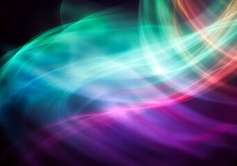 Fototapeta premium Abstract swirls of vibrant colors including teal, purple, and pink against a dark background, creating a fluid and dynamic visual effect