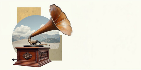 Vintage phonograph on collage background. Retro style, old fashioned music. Nostalgia, old times. Template for banner, poster, card, flyer. Cream background with copy space