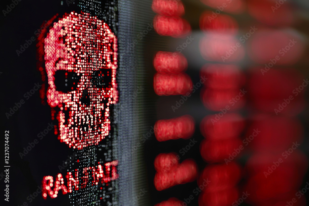 Aufkleber dramatic close up of computer monitor displaying red skull symbol, representing danger and cyber thr