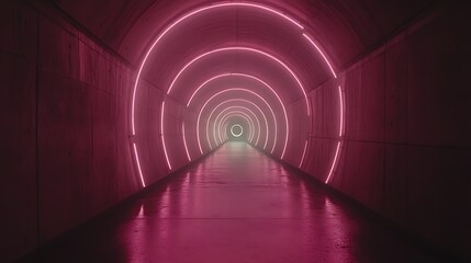 Pink Neon Lights Illuminate Circular Tunnel Corridor