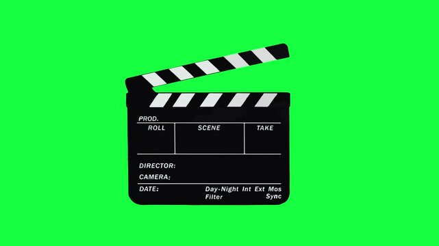 clapperboard movie, film action vector animation on green screen background. clapboard, clapper, roll action