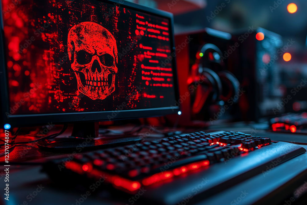 Poster dramatic close up of computer monitor displaying red skull graphic, symbolizing danger and cyber thr