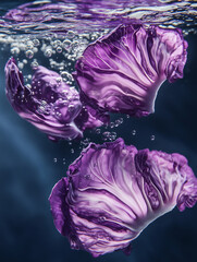 Obraz premium underwater shot of purple cabbage slices in hues of vivid violet, suspended gracefully in water with delicate air bubbles clinging to their surfaces