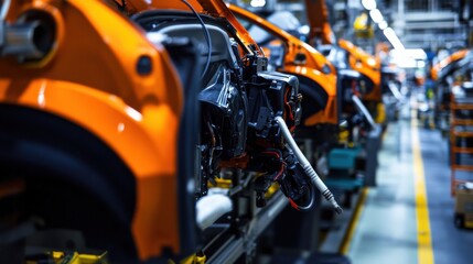 An ergonomic specialist designing ergonomic tools for assembly line workers in an automotive manufacturing plant, with assembly tools and production line settings visible