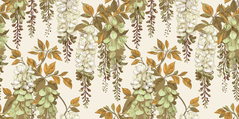 a pattern of wisteria flowers and leaves on a white background. The wisteria flowers are depicted in shades of purple, hanging in elegant clusters, while the leaves are rendered in golden hues. 