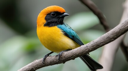 Fototapeta premium Golden-headed tanager perched on branch, blurred background