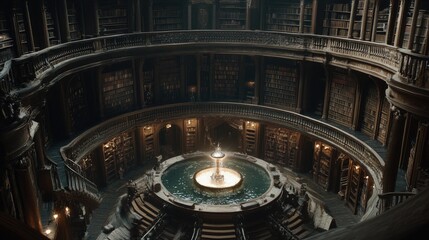 Obraz premium Circular Library With Central Fountain And Bookshelves