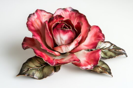 blossomed pink Bulgarian rose on white backdrop