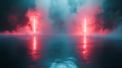 Obraz premium Neon Lights Reflecting on a Calm Ocean Surface