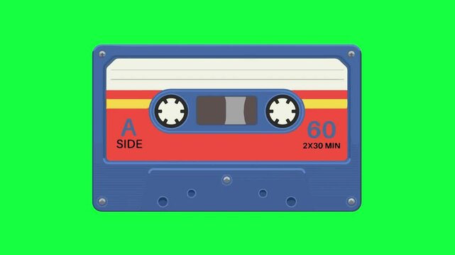 blue vintage audio cassette vector animation. music tape recorder animated on green screen background. looping 4k video
