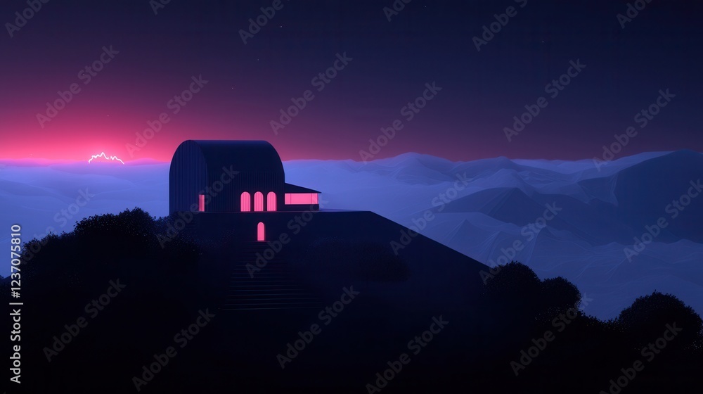 Poster digital illustration of a futuristic building on top of a hill. the building is a dome-shaped struct