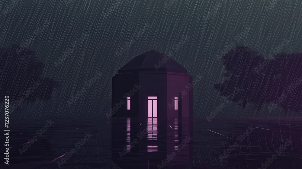 Poster digital illustration of a small building with a dome-shaped roof and two windows on the front. the b