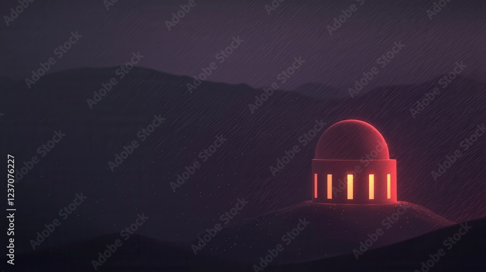 Poster digital illustration of a dome-shaped structure on top of a mountain. the dome is red in color and h