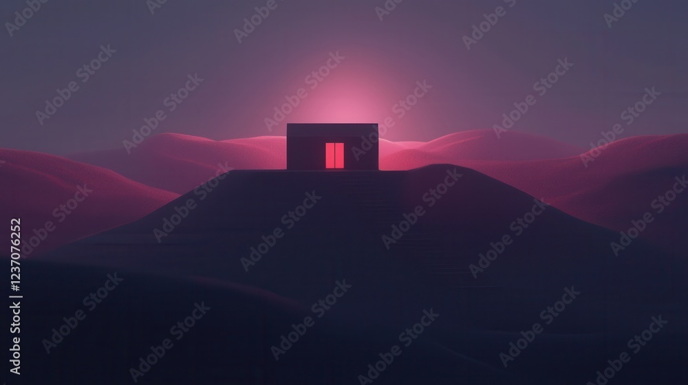 Poster digital illustration of a small building on top of a mountain. the building is rectangular in shape 
