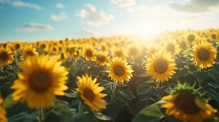 Fototapeta premium A lush field of sunflowers stretching out to the horizon under a bright blue sky, with a few scattered clouds a gentle breeze swaying the flowers. The sun casts long shadows, adding depth to scene