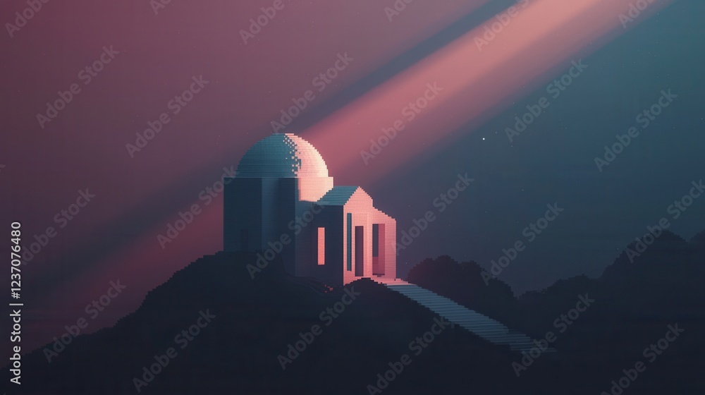 Poster digital illustration of a futuristic building on top of a mountain. the building appears to be a dom