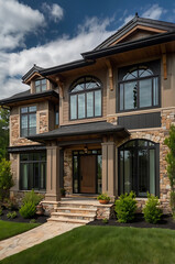 Luxury Modern Home Exterior: Stone and Wood Design.  Elegant Contemporary Architecture, Landscaping, and Spacious Entrance. Real Estate Photography.