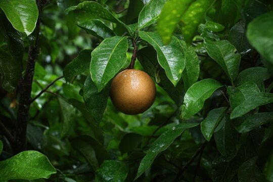 Brown round sapodilla fruit hangs from a tree framed by vibrant green leaves