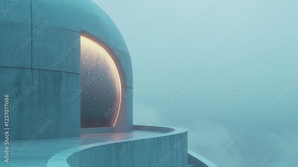 Poster modern building with a large dome-shaped structure on the left side. the dome is made of concrete an