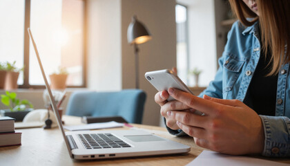 Freelancer checking emails in contemporary office, digital productivity