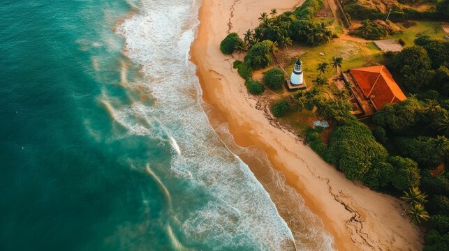 A stunning beach in Sri Lanka boasts a picturesque lighthouse that adds to its beauty.