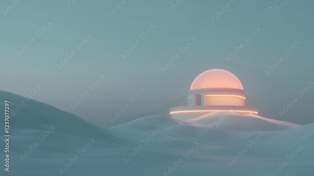 Poster digital illustration of a small dome-shaped structure on top of a mountain. the dome is white and ha