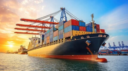 Fototapeta premium Container Ship at Sunset Harbor Docks