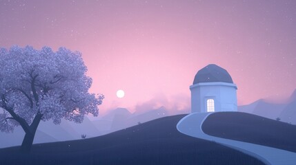 Fototapeta premium Digital illustration of a beautiful landscape with a pink and purple sky. the sky is filled with stars and a full moon, creating a peaceful and serene atmosphere.