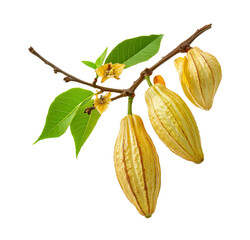 Cocoa fruits or cocoa pods and green leaves isolated on white background.